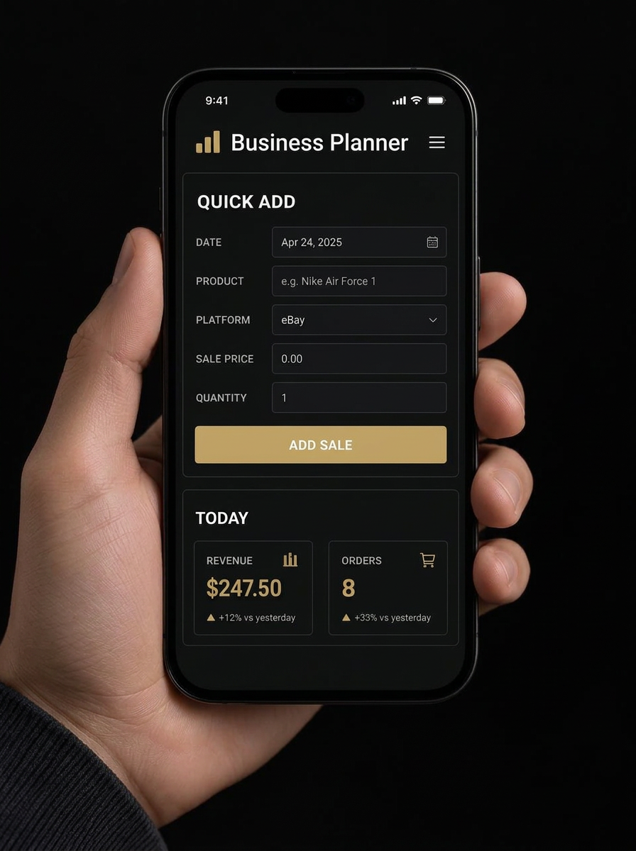 Business Planner Quick Add view on a phone for logging a product sale