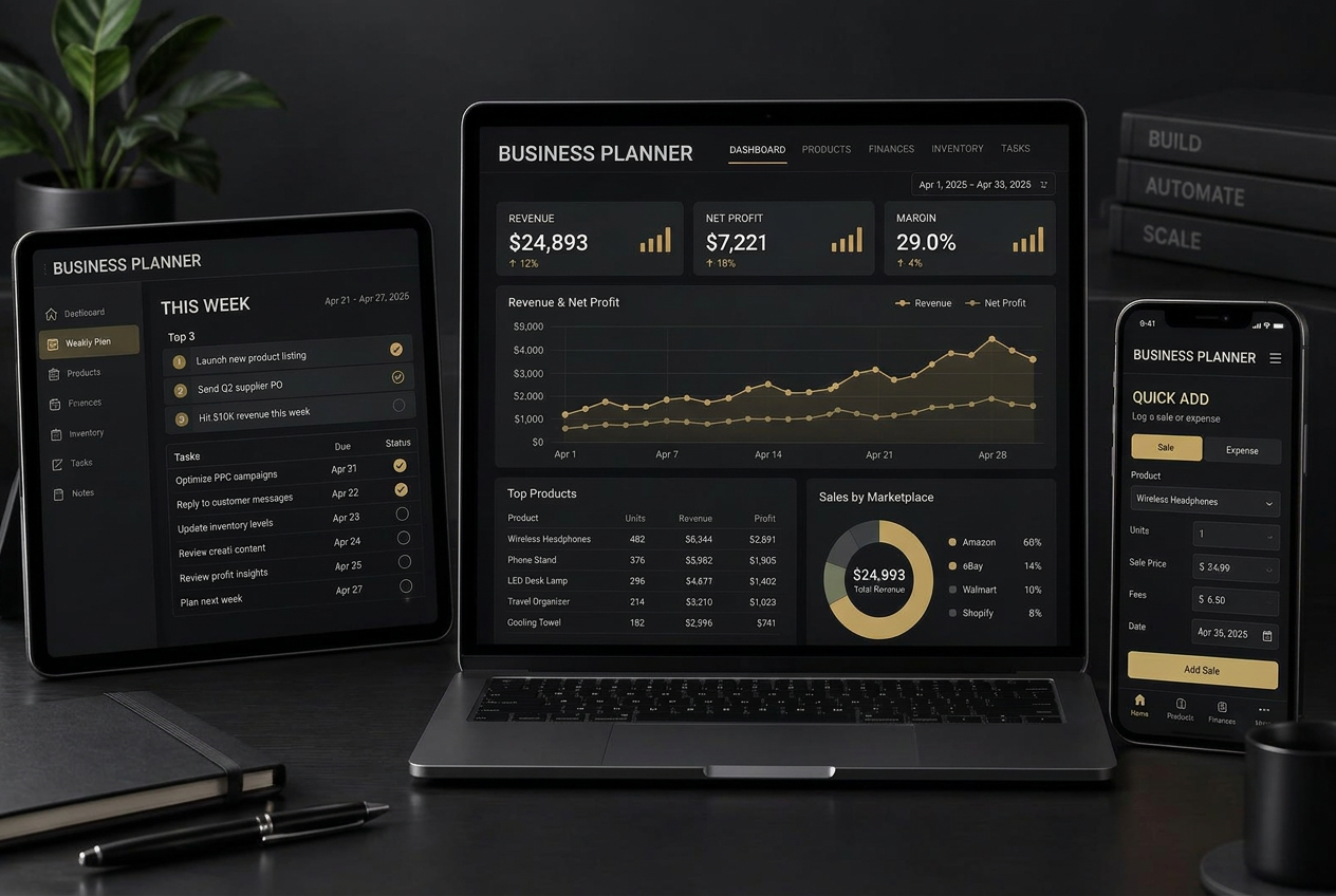 Business Planner shown across a laptop, tablet and phone with dashboard, weekly planning and quick sale entry views